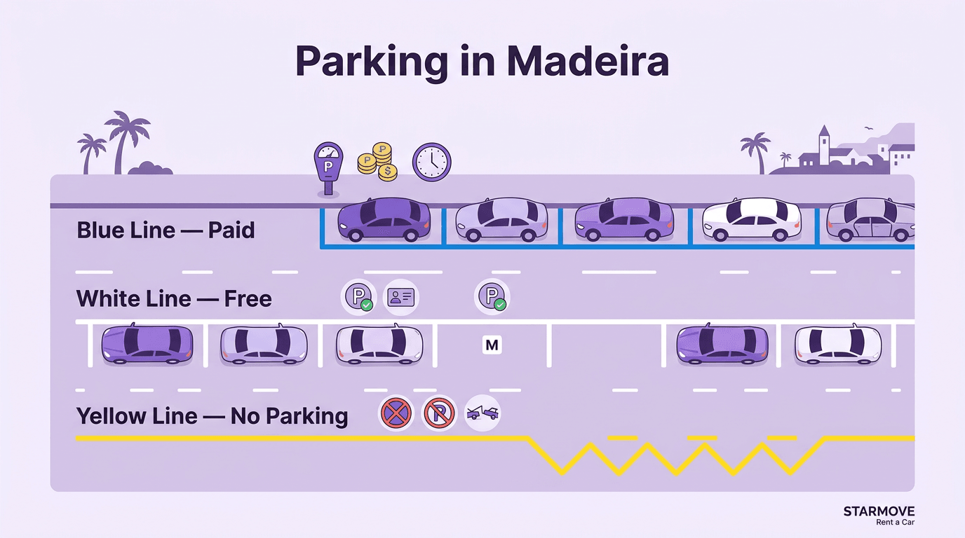 Infográfico StarMove sobre regras de estacionamento na Madeira (linha azul, branca e amarela)