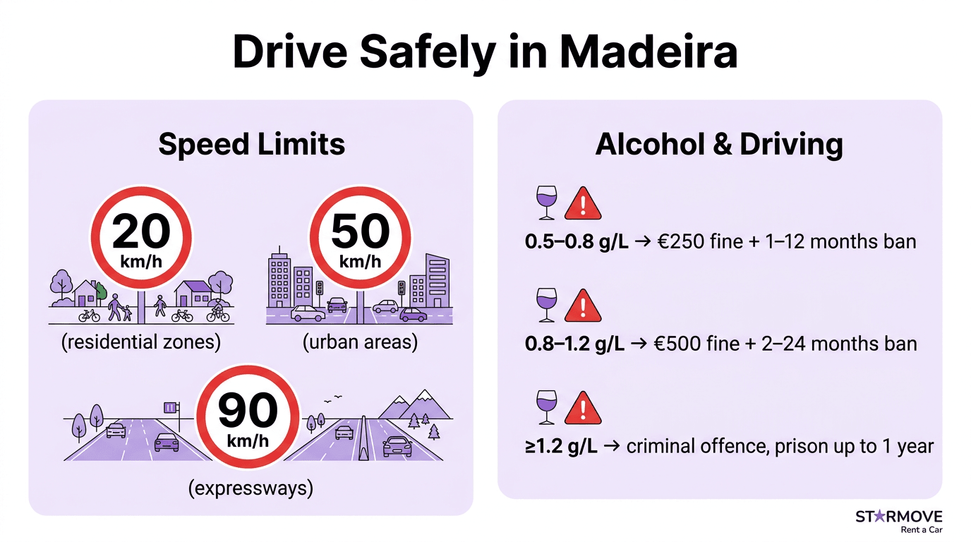 Infográfico StarMove sobre limites de velocidade e álcool ao volante na Madeira